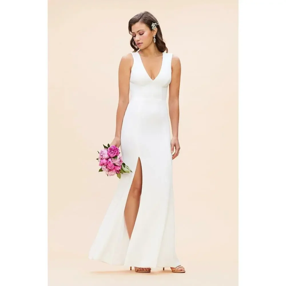Dress the Population Sandra Gown Large White Plunge V-Neck Mermaid Dress NWOT